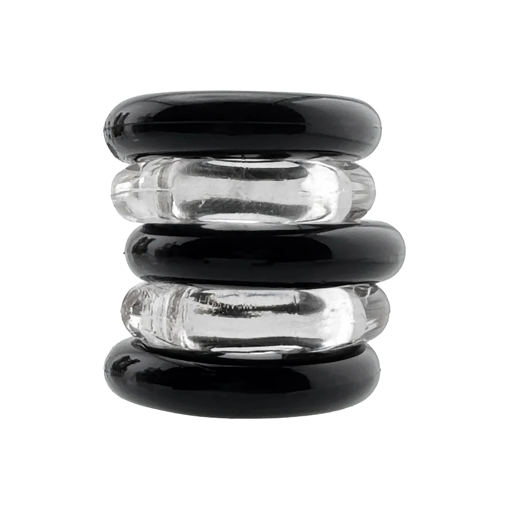 Hunkyjunk Jacker 5-Stack Five-Pack Tube Super-Strong Cockrings Clear/Black